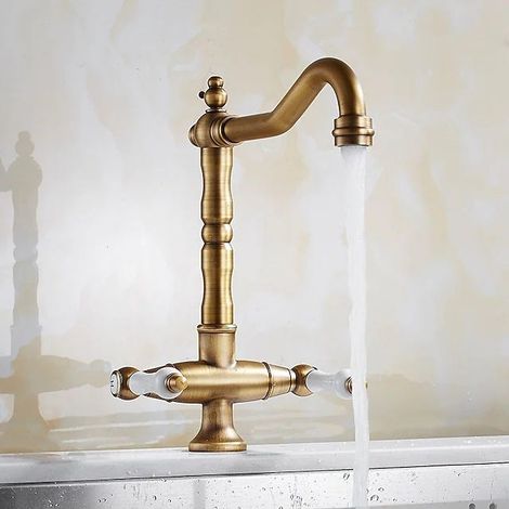 Miscelatore da cucina vintage, rubinetto per lavello retrò, 2 maniglie, acqua calda e fredda regolabile, girevole a 360°, bronzo (1/3)
