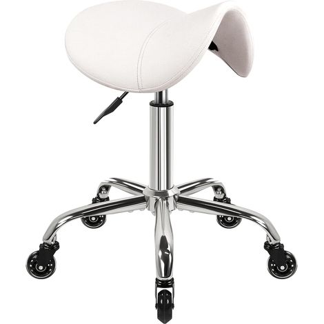 Tabouret à roulettes avec roulettes hydrauliques pivotantes réglables - Tabouret Ergonomique en Cuir épais pour Cuisine, Dessin, Laboratoire, Bureau, Salon - Blanc (1/5)