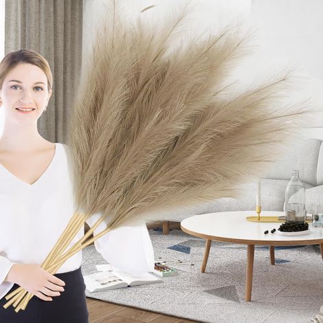Lot de 6 grandes fleurs séchées XXL - 110 cm - Herbe de la pampa artificielle - Décoration bohème pour vase de sol, salon, chambre à coucher, salle de bain, décoration de mariage (marron) (1/5)