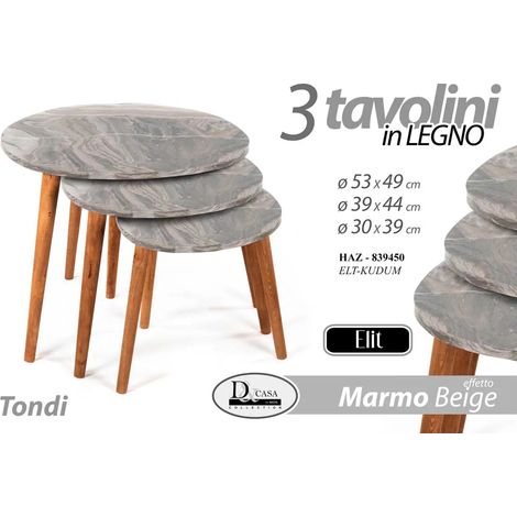Set de 3 tables gigognes en effet marbre beige, dimensions : ø 53 x 49 cm, ø 39 x 44 cm, ø 30 x 39 cm.