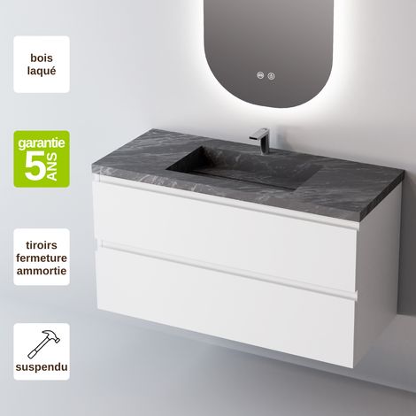 Meuble de salle de bain plan vasque Grès Cérame Noir, 2 Tiroirs,l60xh54xp45, Laqué Blanc Mat, STEP (1/3)