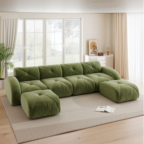 Canapé modular en U de chenilla verde, 4 plazas con 2 pufs, sin montaje