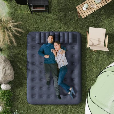 Matelas double avec pompe à main et oreiller,bleu 203x152x22cm pour le camping et les invités