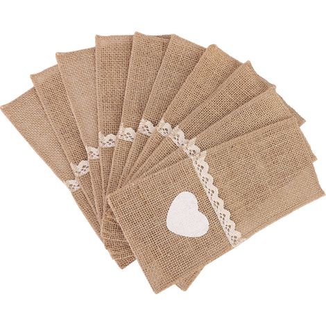 Lot de 10 porte-couverts en dentelle de jute, pochettes pour couteaux et fourchettes en toile de jute, idéales pour la décoration de mariages, de fêtes de Noël et autres occasions. Porte-couverts de c (1/5)