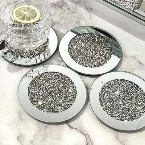 Dessous de verre - - 4 x 4 pouces - Verre miroir - Argenté - Lot de 4 pièces (1/5)