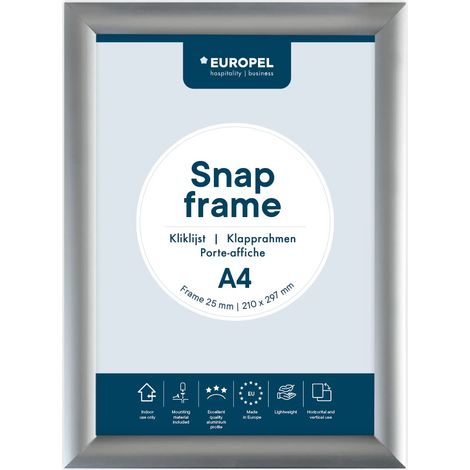 Cadre clipsable A4 aluminium couleur argent, profil 25x11 mm, dimensions 210x297mm, porte-affiche, hôtel, bureau, restaurant, menus, réclame, message (1/5)