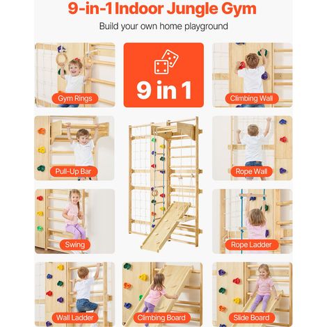 Espalier en Bois Massif, Échelle Suédoise Murale 12 Niveaux, Charge 100 kg, Gym Mural 9-en-1 avec Mur d'Escalade, Anneaux, Barre de… (1/5)