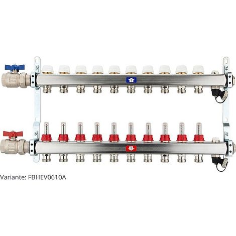 Fußbodenheizungsverteiler aus Edelstahl mit Topmeter für 10 Heizkreise - mit Anschlussset waagrecht (1/3)