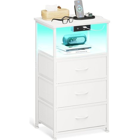 Adult Bedside Table, Bedside Table with 2 USB Ports, 1 Plug and LED Strip, 3 Fabric Drawers and 2 Storage Space, Ideal for Small Bedrooms, 40 x 30 x 70 cm, 1 Pack (1/5)