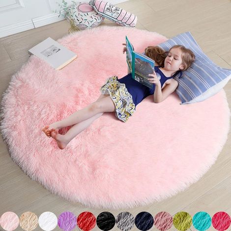 Tapis rond rose pour chambre, tapis circulaire pelucheux, tapis en fourrure, tapis circulaire à poils longs(180cm) (1/5)