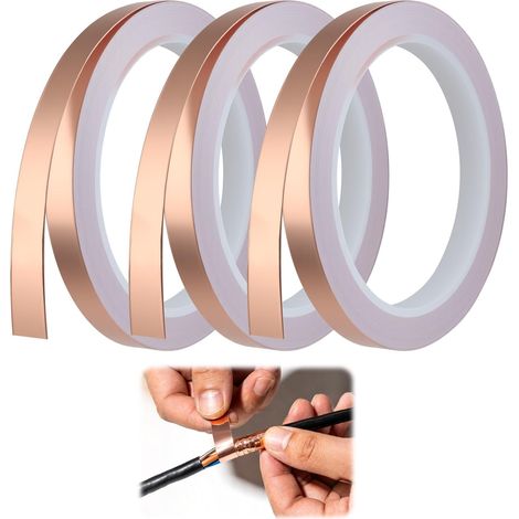 3 Rouleaux Feuille de Cuivre Bande Ruban Conducteur 10 mm x 20 m Haute Adhérence pour Blindage Protection Contre Interférences Électromagnétiques et Température Élevée Usage Électronique et Bricolage (1/5)