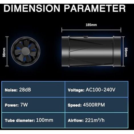 Extracteur d'air réglable de 100 mm avec moteur EC, 221 m³/h, pour vérandas, auvents, caves, garages et cuisines.