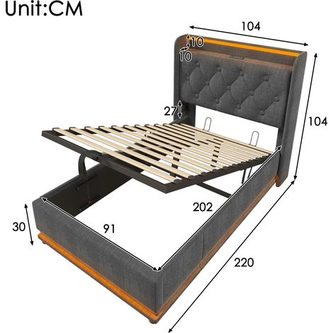 Lit simple rembourré 90x200cm linge gris,LED 360° multi-contrôle,rangement hydraulique,tête de lit USB/Type-C,sans matelas (1/5)