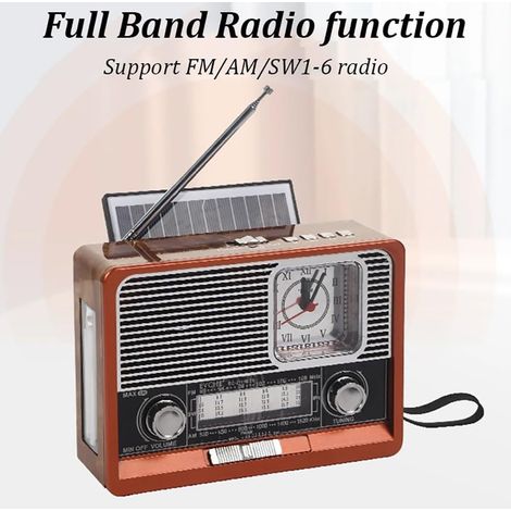 Radio rétro à ondes courtes portable AM FM radio vintage à piles avec haut-parleur Bluetooth, radio solaire rechargeable, lecteur de disque USB carte TF, grand bouton de réglage for la maison (1/5)