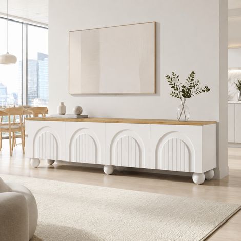 Meuble TV 180 x 40 x 45 cm, 4 portes, pour TV jusqu'à 80 pouces, MDF blanc et aspect bois DESVIAE (1/5)
