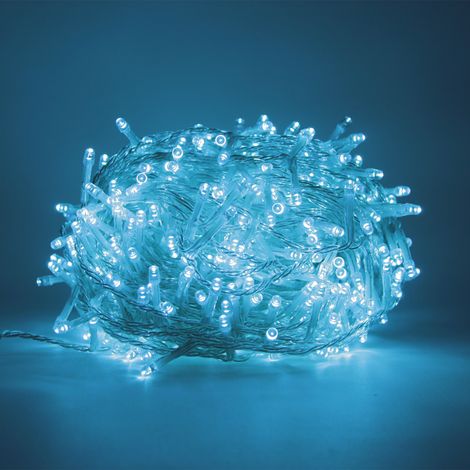 Luccika Home stringa catena 5 mt serie da 100 luci per albero di Natale a led acqua marina 31V cavo trasparente con 8 giochi di luce e memoria IP44 per uso esterno interno Acquamarina  5 metri - 100 l