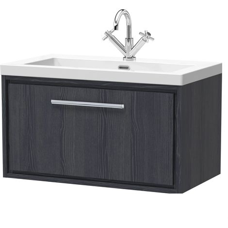 Longnor 1 Drawer Wall Hung Vanity Unit with 1 Tap Hole Modern Fireclay Basin, Woodgrain Graphite Grey, 800mm