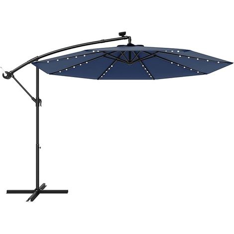 Ombrellone Decentrato 3x3 Metri Con Luci LED A Energia Solare Inclinabile Con Manovella Camino Antivento Ampia Copertura Per Giardino Terrazza Patio Piscina Area Ombra 7 M² 300x250 Cm Blu