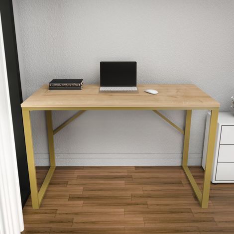 Layton Bureau 120 cm x 74 cm x 60 cm - Cadre Métallique (Doré et Chêne)
