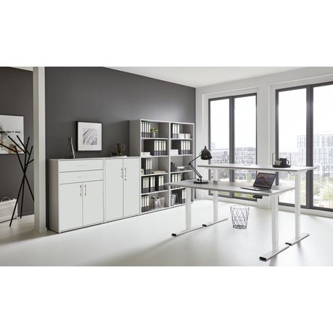 BMG Möbel Büromöbel-Set, e-Office Edition Set 21, Schreibtisch höhenverstellbar, 160 cm, grau/ weiß matt