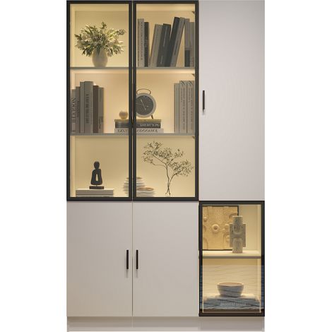 ELVMI Vitrine avec 3 Portes Vitrées, 4 Placards, LED et 10 Espaces, Salon ou Bureau, MDF, Blanc, 120 x 35 x 200 cm (1/5)