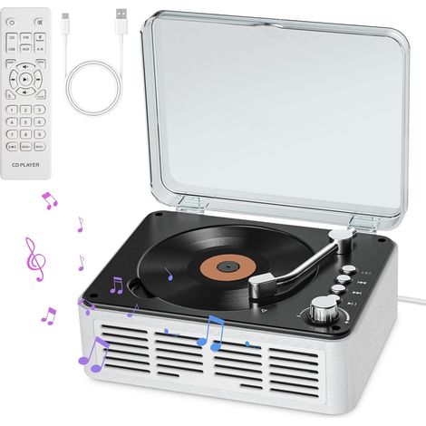 CD-Player mit HiFi-Stereo-Lautsprechern, Vintage-Bluetooth-CD-Player für Zuhause, CD-Player mit FM-Radio und Fernbedienung, unterstützt Wiedergabe über USB/AUX/Typ-C (Weiß)