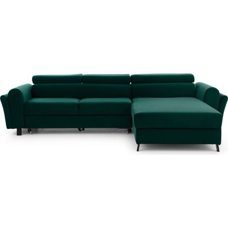 Canapé d’angle convertible MAZALI velours - Appuis-tête réglables et rangement-Vert impérial-Méridienne A droite (1/5)