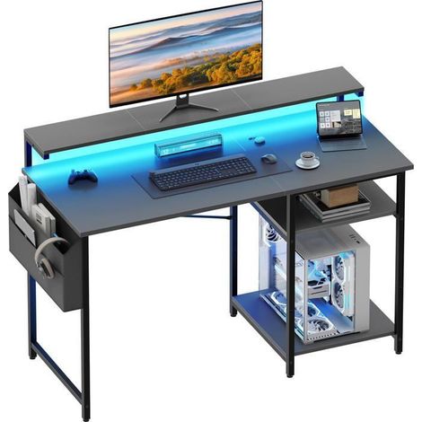 ECOFURNIX, gaming desk, 120 x 48 cm, with adjustable screen support, LED lighting, shelf, gray