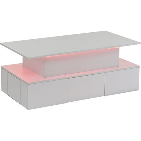 Tavolino da salotto alzabile 100x50x40 cm con LED, 4 cassetti e vano nascosto, bianco MDF (1/5)