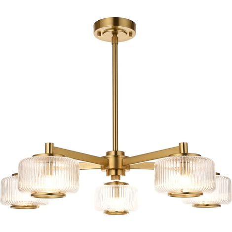 Endon Stamford Plafonnier suspendu multi-bras, plaque en laiton vieilli brossé et verre strié transparent, 5 ampoules G9 (1/5)