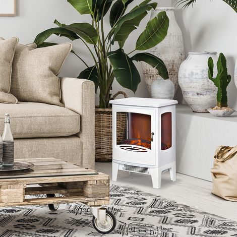 Cheminée électrique poêle néo-rétro 900-1800 W, simulation flammes LED avec variateur, acier et ABS, blanc, chauffage décoratif (1/5)