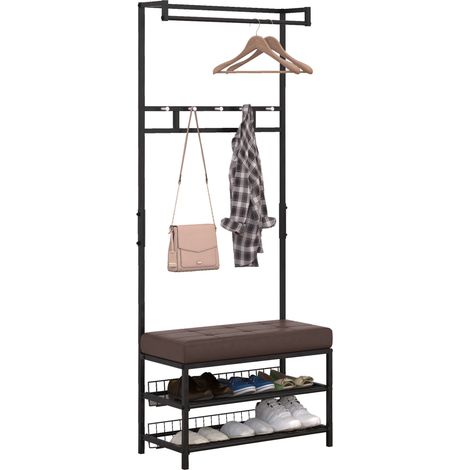 Porte-manteau mural avec 5 crochets et banc à chaussures 2 niveaux, rangement métallique pour entrée ou chambre, 72,5 x 35 x 180 cm