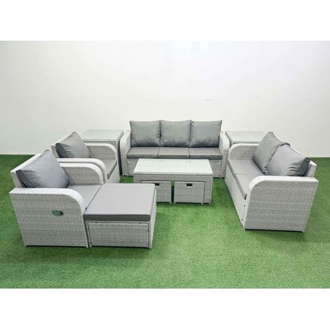 Fimous PE Rattan Garden Furniture Set Adjustable Chair Sofa Double Love Seat 2 Seater Sofa Lounge Set Rectangular Coffee Table 3 Stools 2 Side Table Light Grey (1/4)