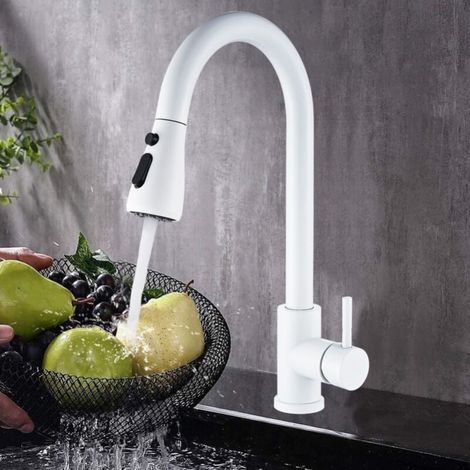 Robinet de cuisine avec douchette blanche rétractable, robinet de cuisine rotatif à 360° avec 2 modes de pulvérisation (1/4)