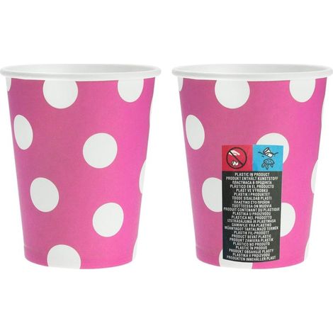 Vasos de papel magenta con lunares, 270 ml, 6 unidades.