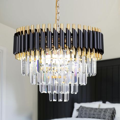 1 Lustre 4 Niveaux Cristal K9 Noir Or E14 Hauteur Réglable Salon Salle À Manger