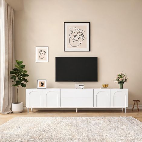 Meuble TV long blanc 4 portes et 2 tiroirs avec pieds en acier (1/5)