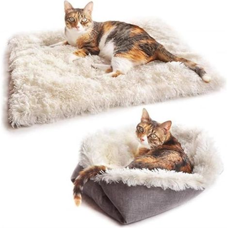 Lit pour Chat Chien, 2 en 1 Double Usage Panier pour Chat Coussin pour Chien Doux et Confortable Chaud Nid Chiot Panier Chat,Blanc (1/4)