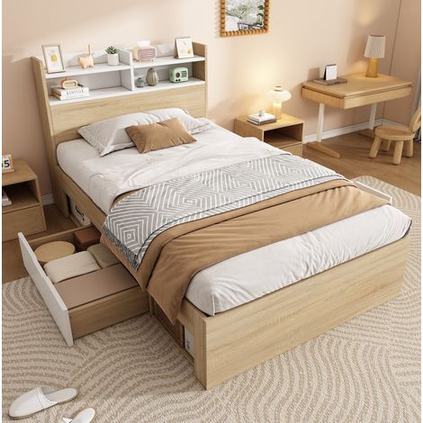 Lit 90x190 cm en bois blanc et chêne, avec tête de lit de rangement, 2 tiroirs et sommier à lattes inclus (1/5)