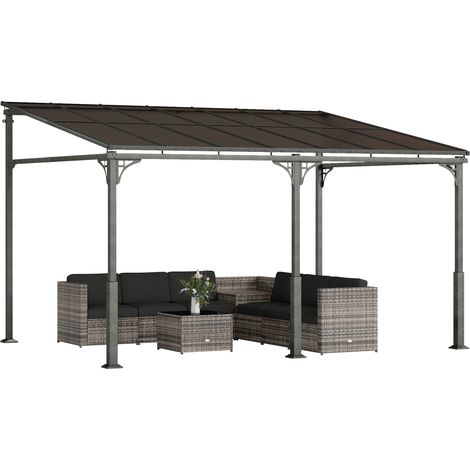 Outsunny 4 x 3 m Metal Lean-to Hardtop Gazebo, Wall-Mounted Pergola
