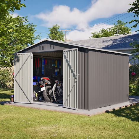 Abri de jardin en métal 300 x 252 x 191 cm,gris,porte verrouillable,ventilation intégrée,fondation incluse,protection contre les intempéries,solution de stockage pour jardin,terrasse et cour (1/5)