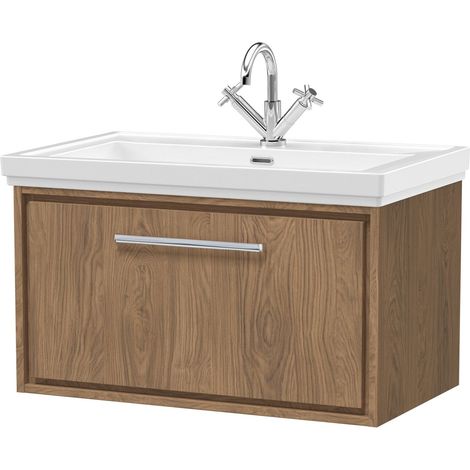Longnor 1 Drawer Wall Hung Vanity Unit with 1 Tap Hole Traditional Fireclay Basin, Antique Oak, 800mm