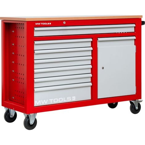 Mw Tools – Servante d'atelier roulante 7 tiroirs – Armoire rouge et grise – Plan de travail stratifié – Longueur 1260 mm – Hauteur 965 mm – GW107K (1/5)