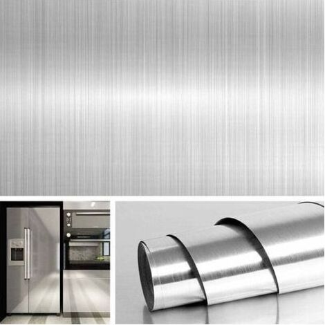 1 rouleau Papier peint auto-adhésif, effet nickel brossé, 60 cm x 2 m, acier inoxydable, étanche, résistant à l'huile (1/5)