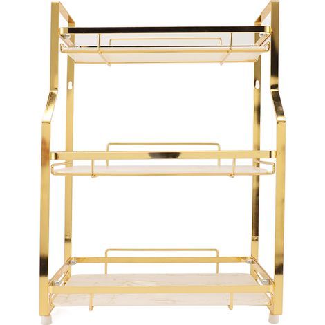 Badezimmerregal, wandmontierter Eckorganizer, freistehendes Regal für Wohnzimmer, Schlafzimmer, Küche, weiß und gold, 3 Ebenen (1/5)
