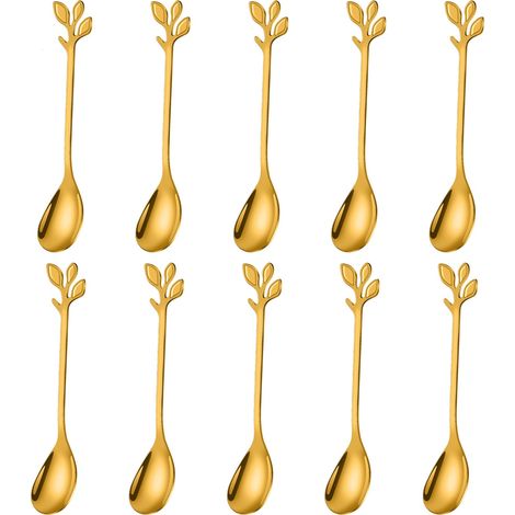 Cuillères à café élégantes en feuille d'or – Lot de 10, mini cuillères à expresso et à dessert en acier inoxydable de 12 cm
