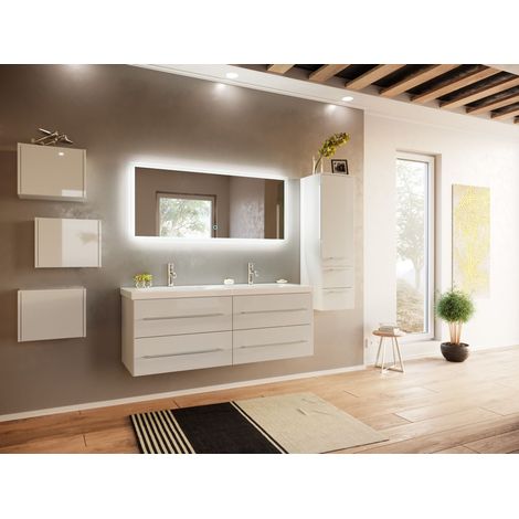 Badmöbelset Persepolis XL 4-teilig LED-Spiegel Seitenschrank 3er Boxen weiss hgl