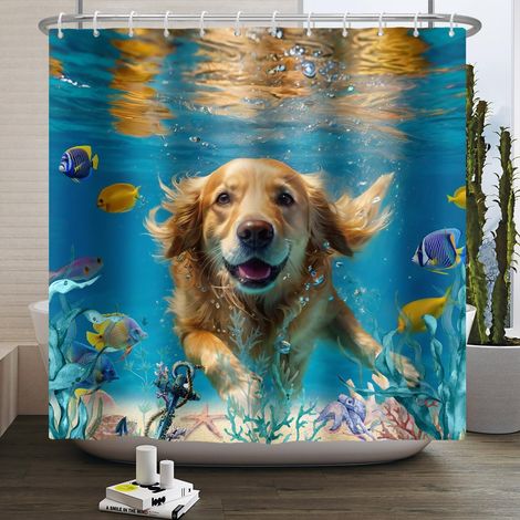 105x160cm sous Marin Chien Douche Rideau sous Marin Fun plongée Chien Animaux Poissons mer algues Piscine Aqua Fun été thème Polyester Tissu avec Crochet Rideau de Salle de Bain (1/5)