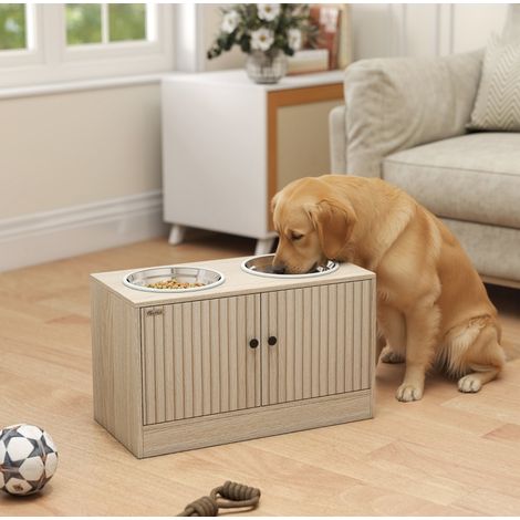 Stazione pappa per cani 60x30x35,5 cm in legno rovere con vano portaoggetti FloraGrace (1/5)