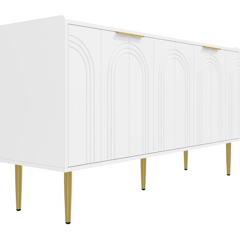 Aparador moderno blanco de MDF con 4 puertas y patas de metal dorado 140 x 38 x 75 cm (1/5)